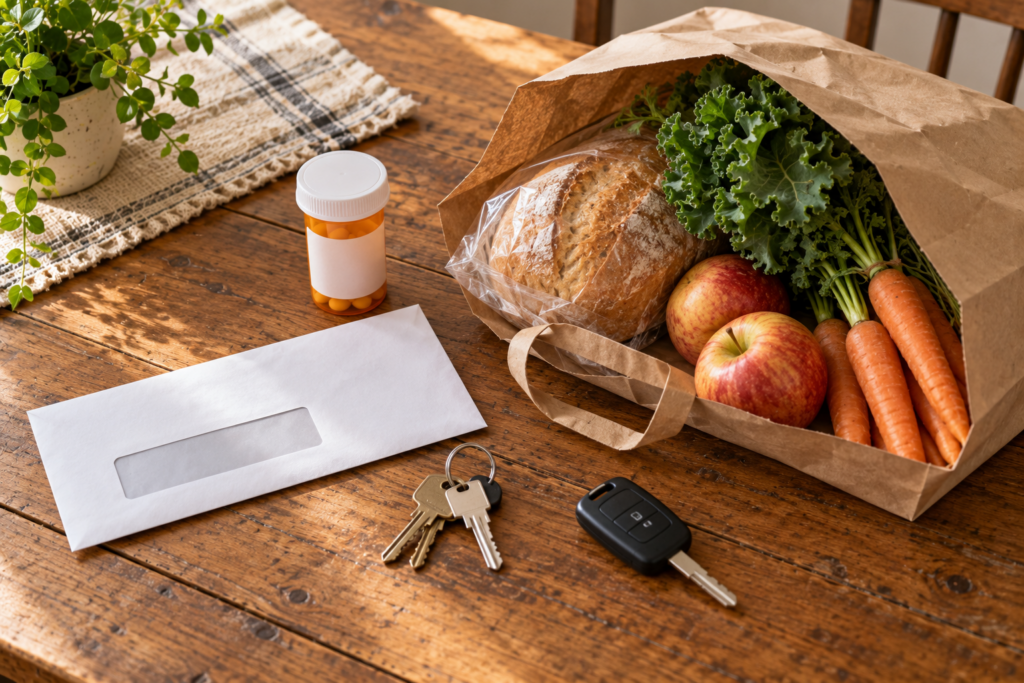 Image of groceries, meds, mortgage payment, car keys, things to be paid first 
