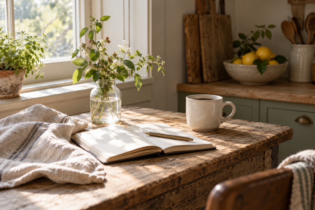 Cozy kitchen and desk vignette 