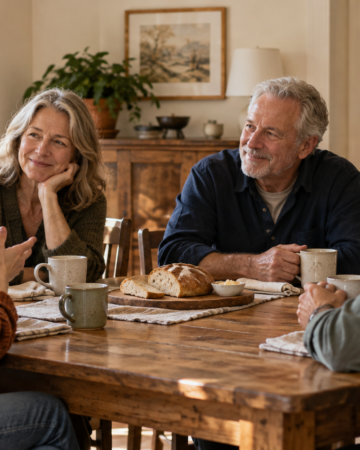 Family gathering around the kitchen table