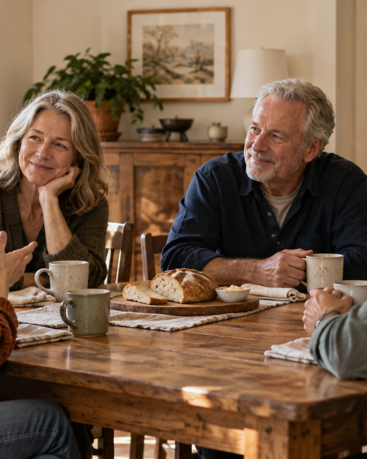 Family gathering around the kitchen table