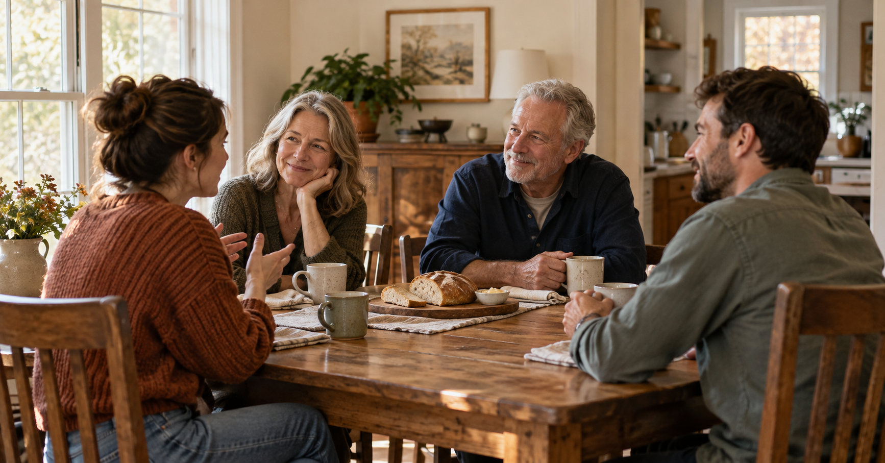 Family gathering around the kitchen table