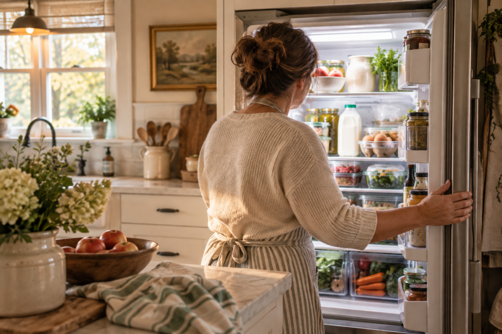 Woman in her kitchen going through her refrigerator looking at good dates