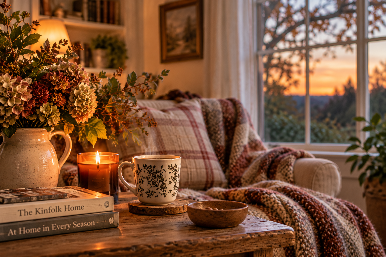 Cozy living room set up for the shorter fall days