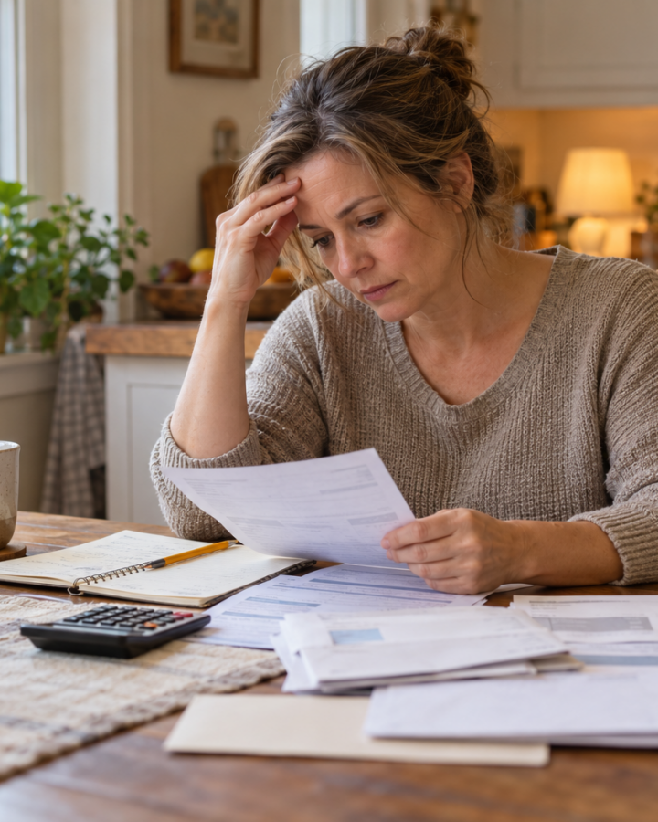 Woman surrounded by her hills looking worried