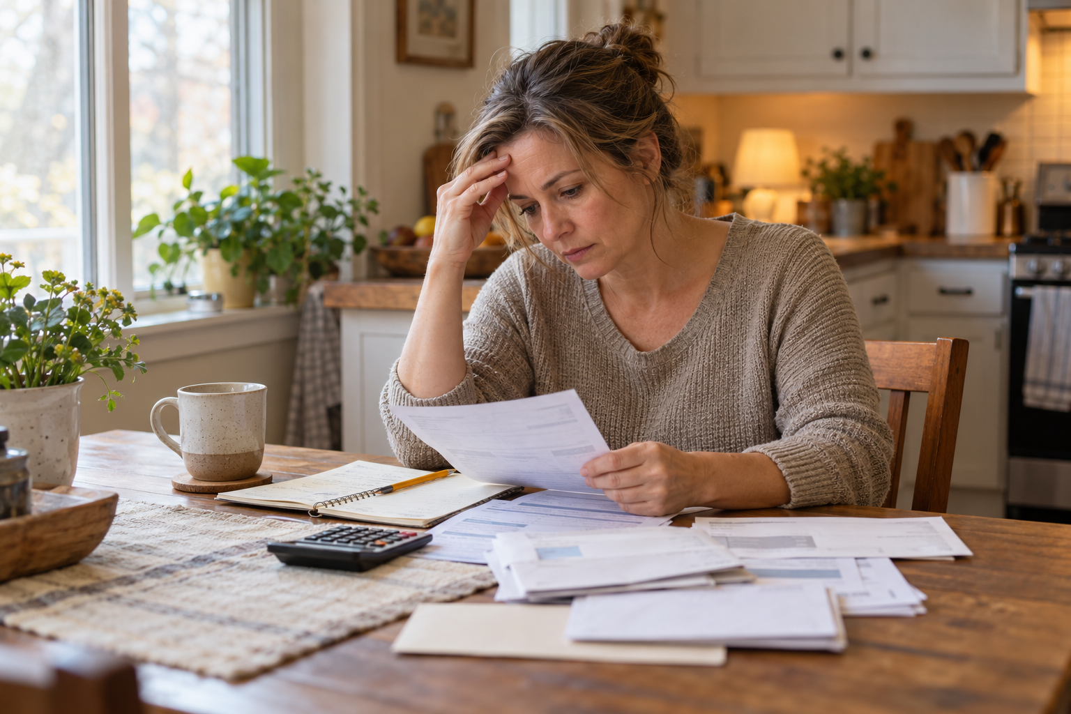 Woman surrounded by her hills looking worried