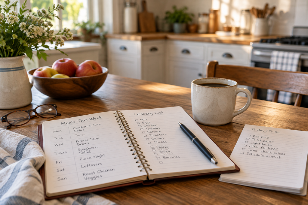 Cozy kitchen with decisions being made for the week. A notebook with meal plan, grocery list, weekly to-dos