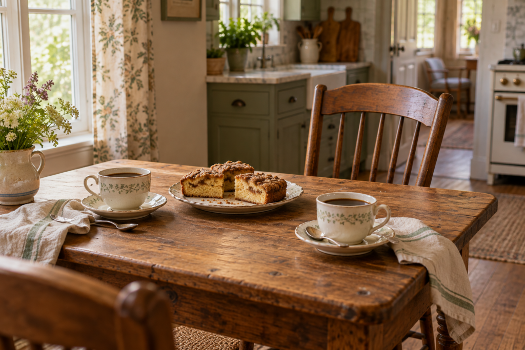 Image of table set for 2 with coffee and cake 