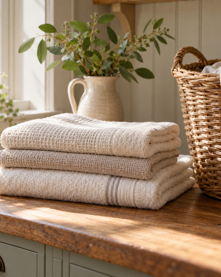 Image of a cozy laundry room with a wicker basket and stack of folded towels