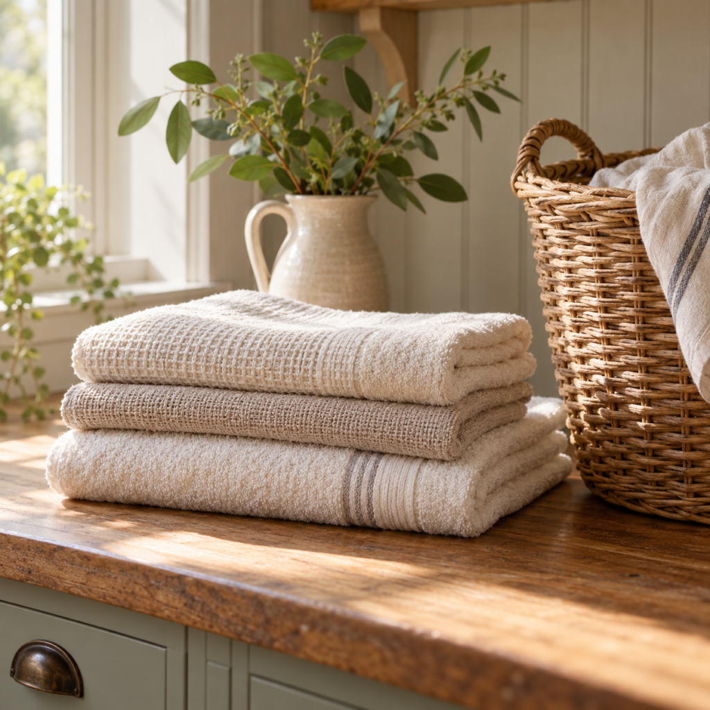 Image of a cozy laundry room with wicker laundry basket and stack of folded laundry