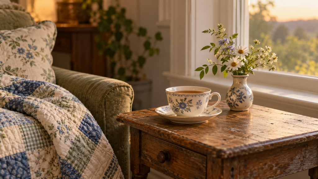 A cozy sofa with quilt and a cup of tea in a cozy living room