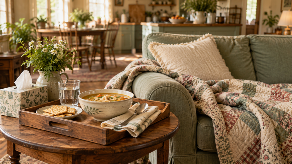 Cozy living room with soup, and quilt