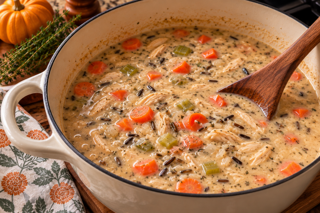 Pot of creamy chicken and wild rice soup