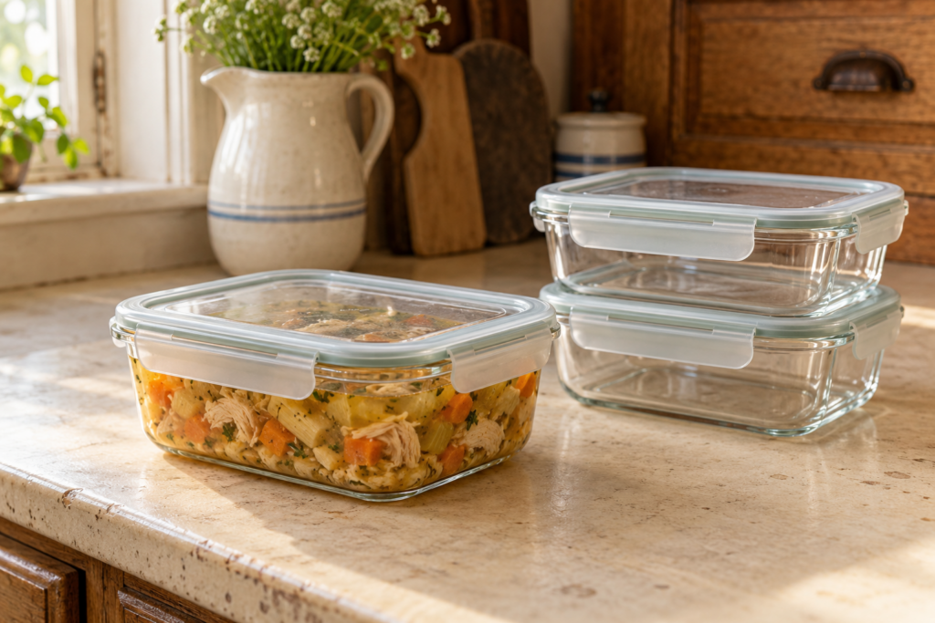 Simple kitchen vignette showing leftovers and storage containers to use 
