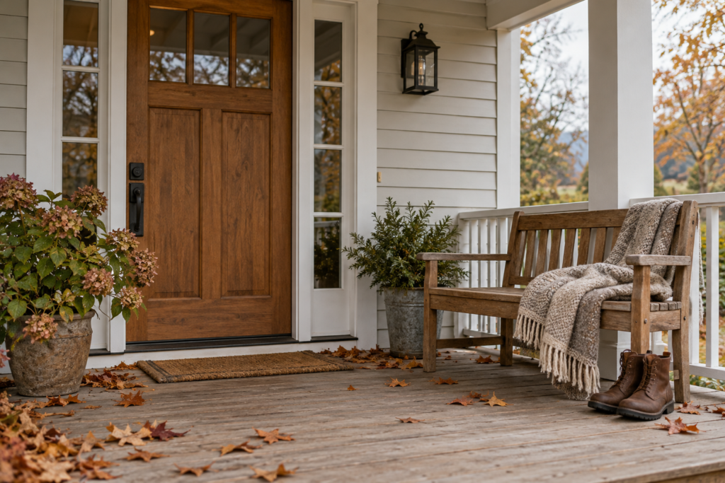 Cozy home showing a cozy fall front porch