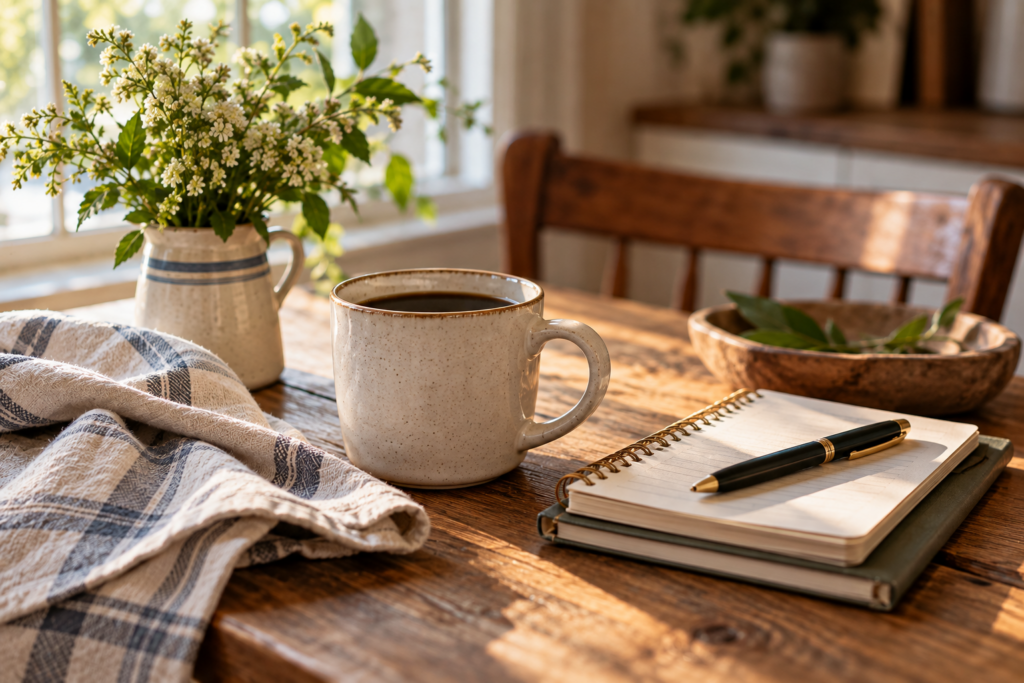 Start making 1 decision a time image of pen and notebook and cup of coffee in a cozy kitchen 