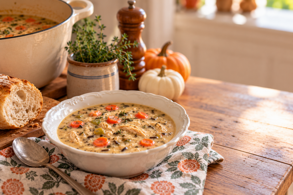 Bowl of soup creamy chicken and wild rice soup