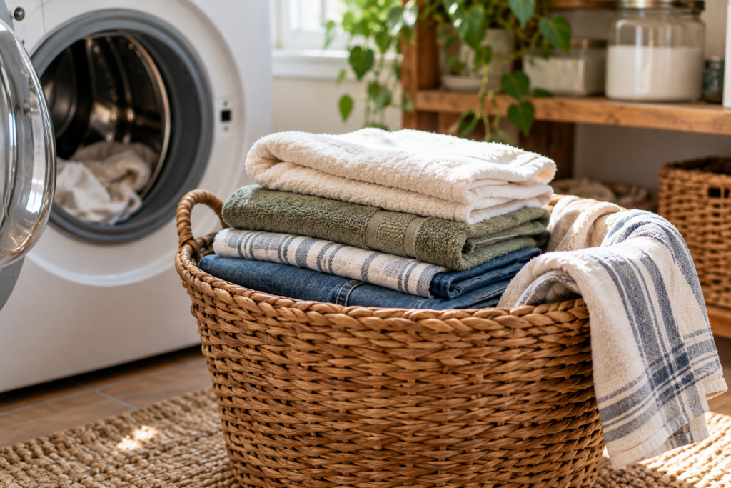 Baskets of folded laundry waiting to be put away