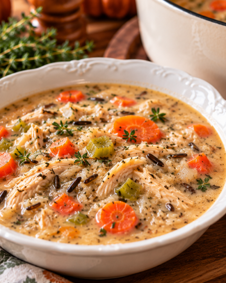 A bowl and pot of creamy chicken and wild rice soup