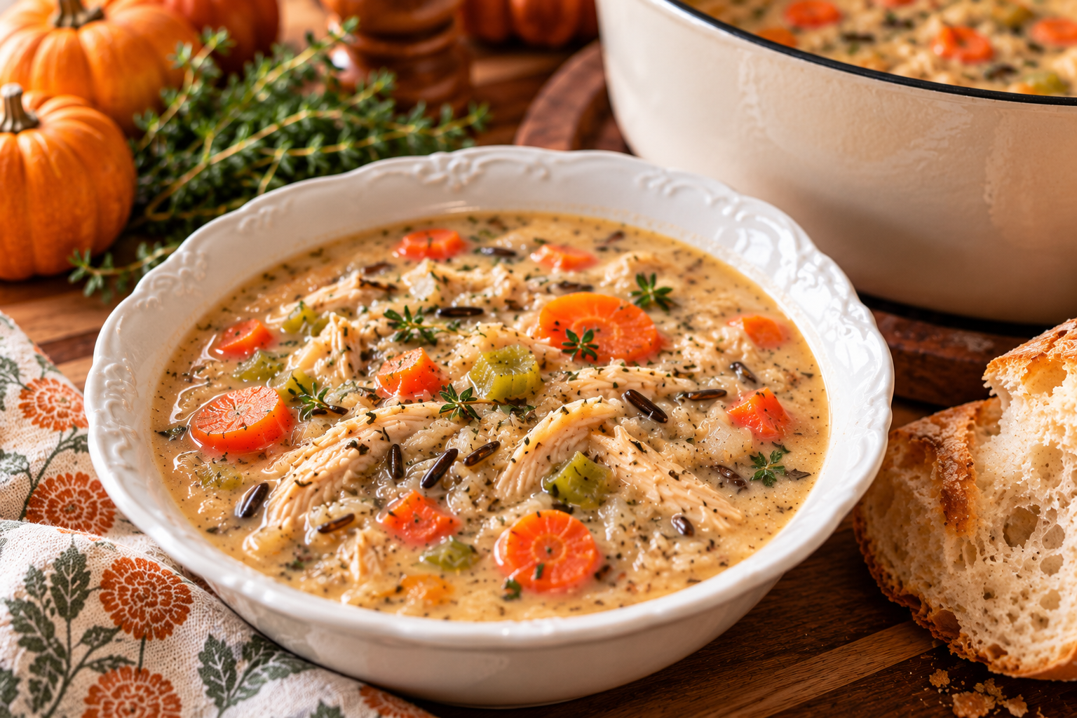 A bowl and pot of creamy chicken and wild rice soup