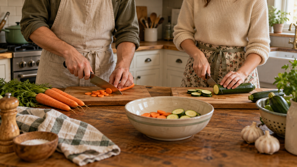 2 people in the kitchen practicing knife skills and cooking together