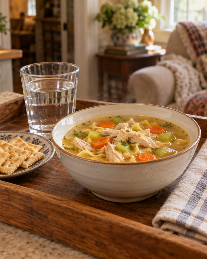 Cozy living room and a tray with homemade soup