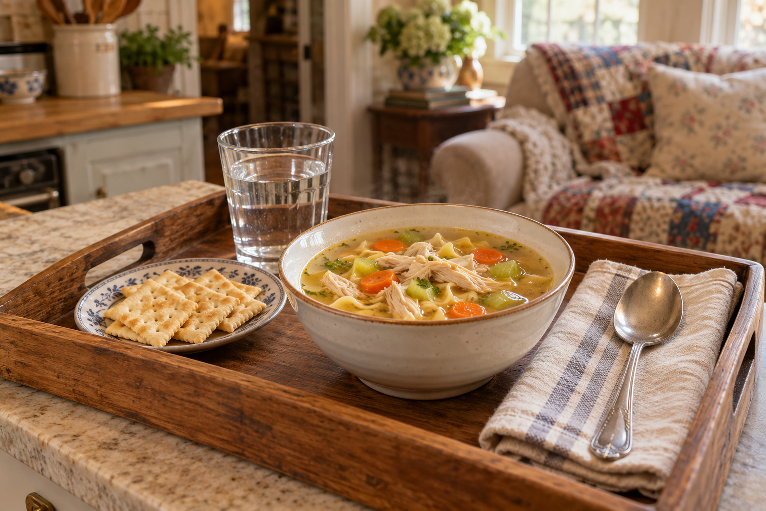 Cozy living room and a tray with homemade soup