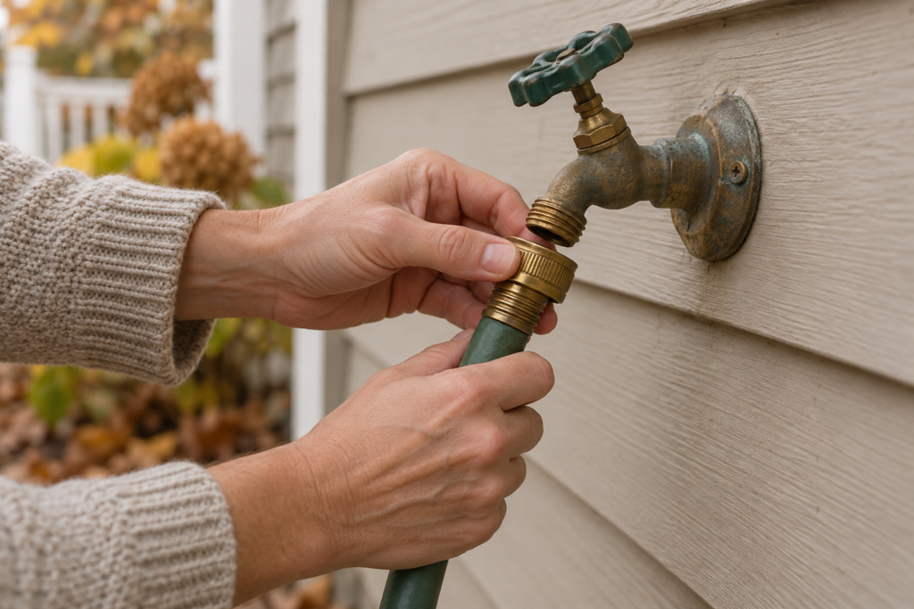Outdoor view of a faucet showing a person removing the hose before a winter freeze