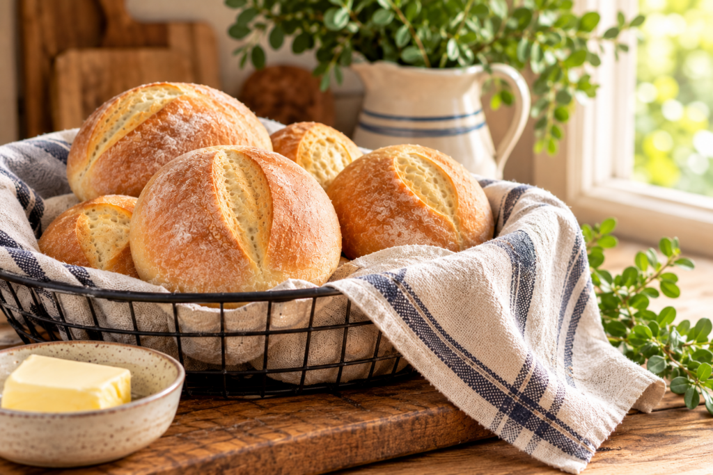 A pretty country kitchen with a basket of of freshly baked homemade Italian semolina rolls