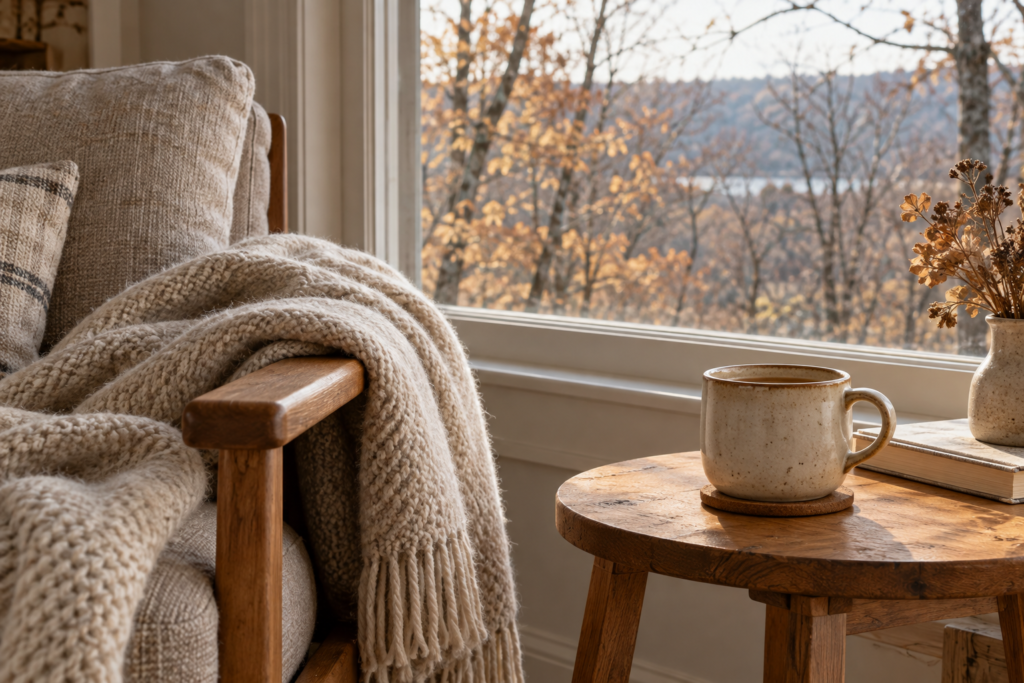 A cozy chair with a fall forest view and a cup of coffee