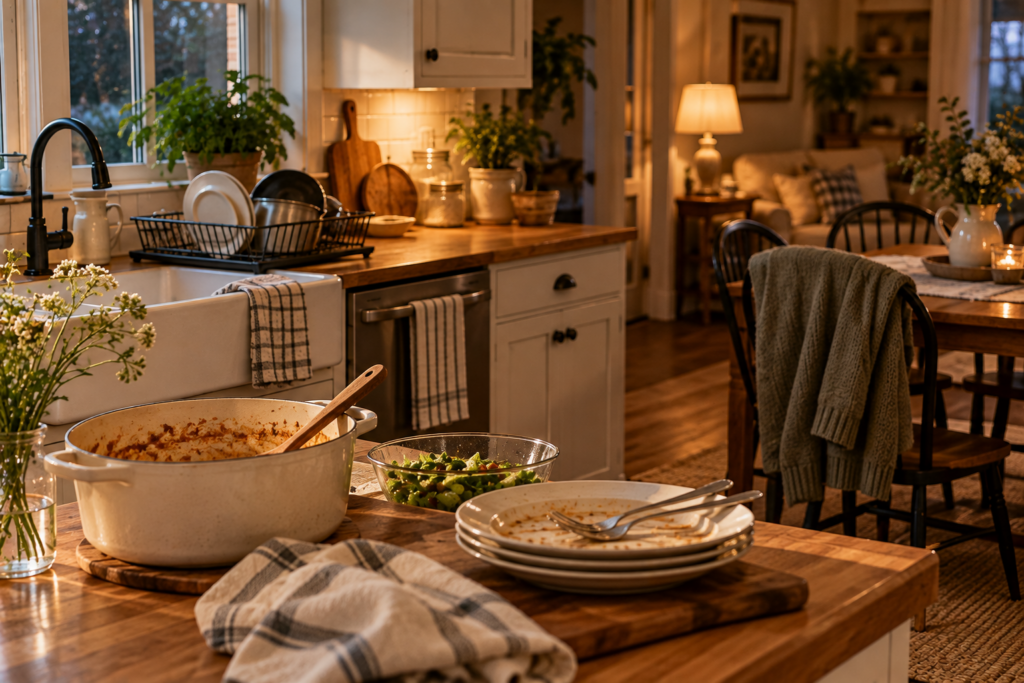 Image of a family home lived in. Dinner dishes  undone in a cozy setting 