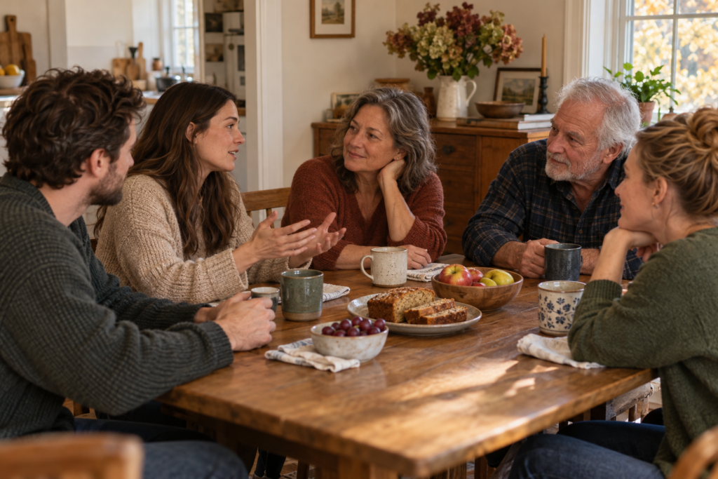 Family gathered around the kitchen table 