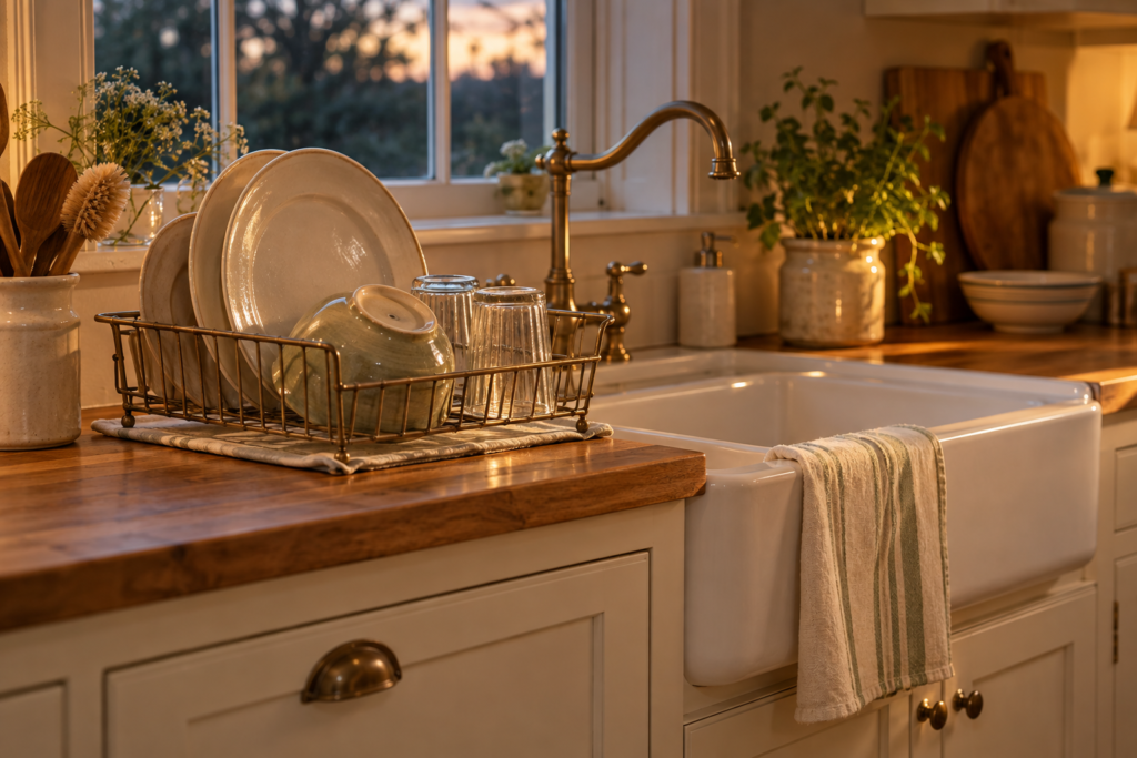 A clean calm kitchen after dinner