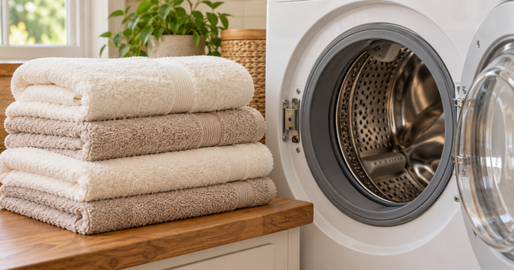 Image of washing machine in a sunny laundry room with a stack of freshly folded towels