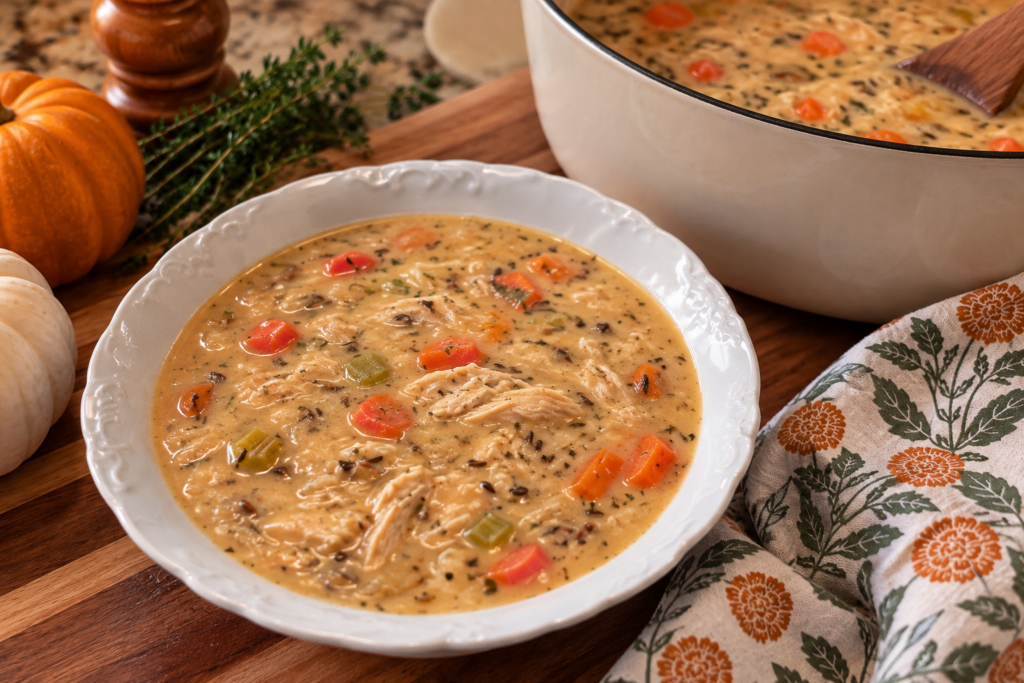A bowl and soup pot of creamy chicken and wild rice soup
