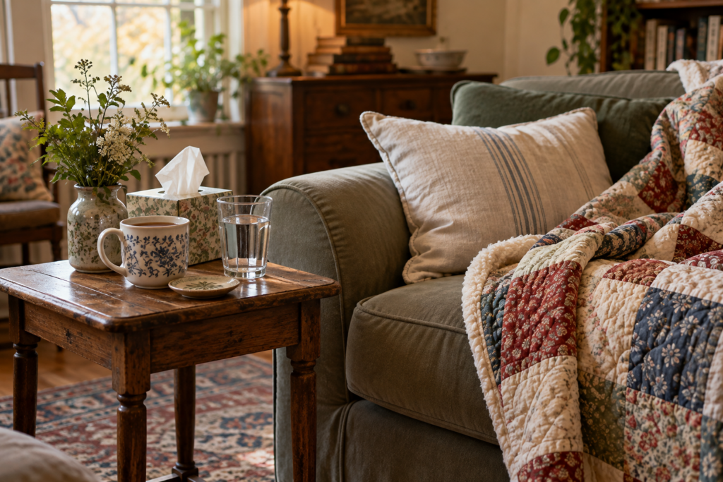 Cozy sofa with quilt and Kleenex and tea and water for someone sick
