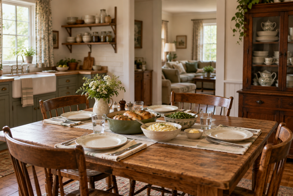 Image of kitchen and table set for dinner 