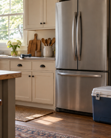 Kitchen during a power outage showing a cooler ready yo keep the good from spoiling