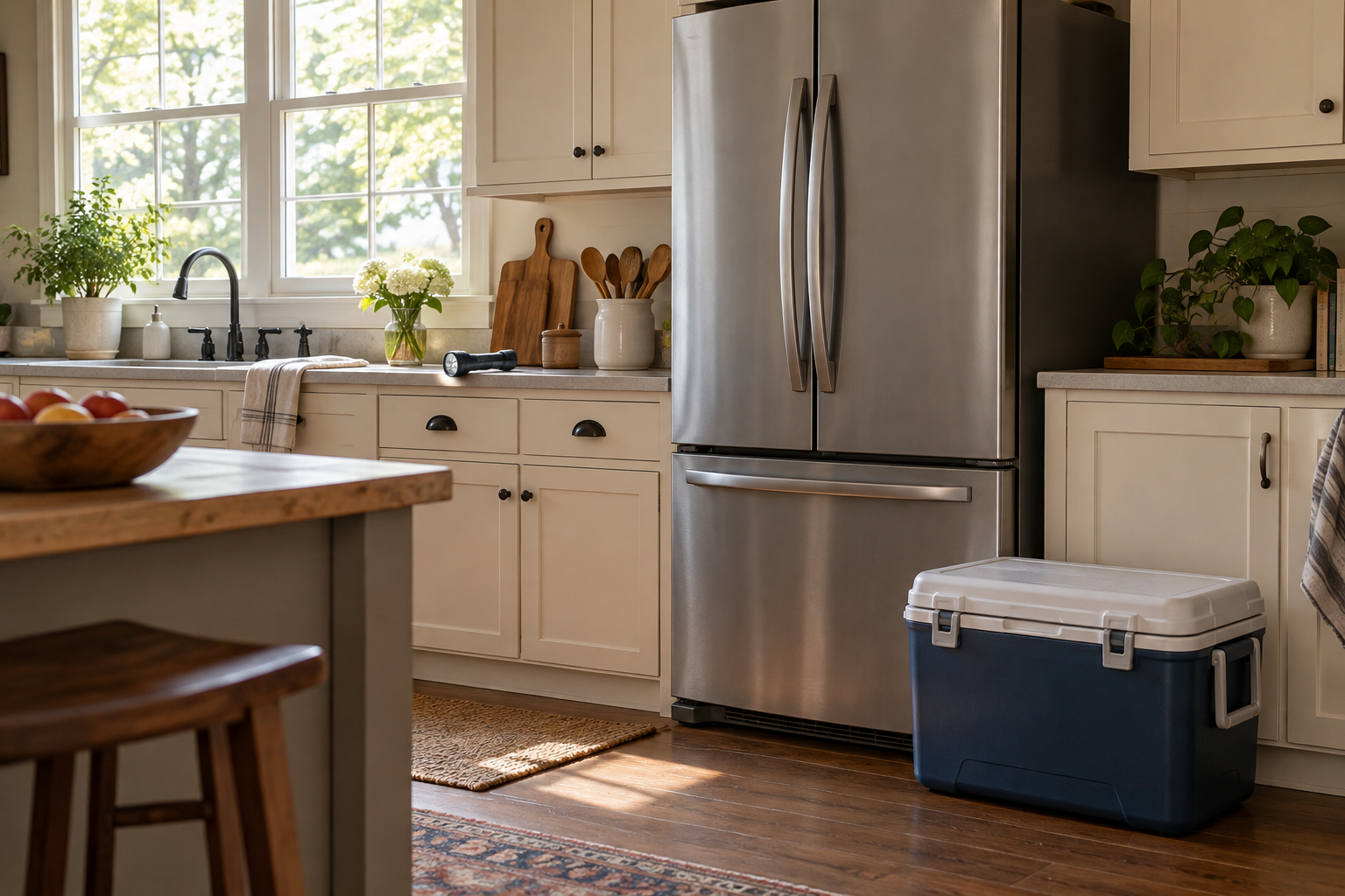 Kitchen during a power outage showing a cooler ready yo keep the good from spoiling