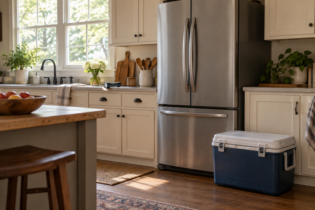Kitchen setting with a cooler out ready to be filled so food doesn't spoil during  power outage
