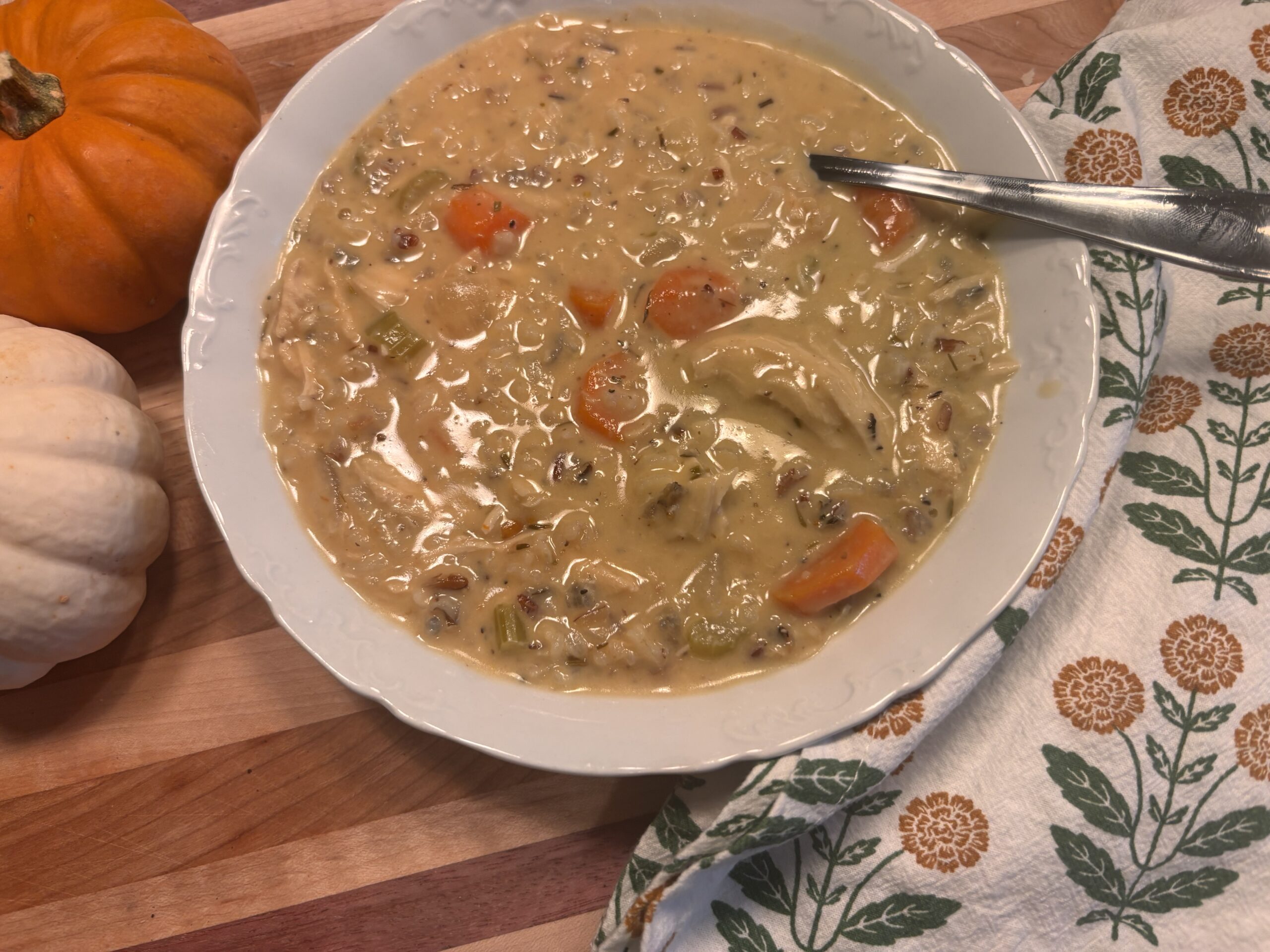 A bowl of creamy chicken and wild rice soup